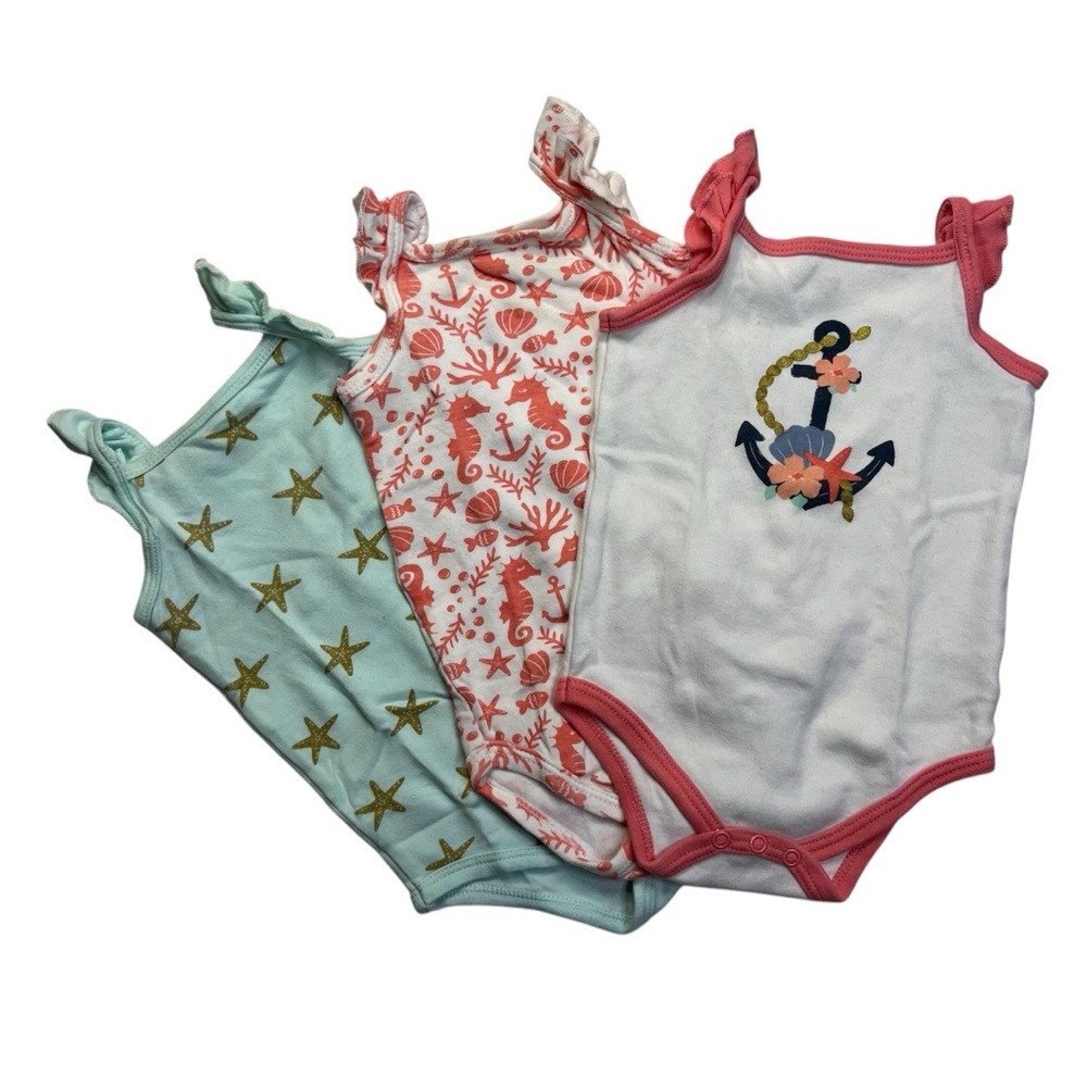 Hudson Baby 3-6M Set Of 3 Sleeveless Marine Themed Onesies